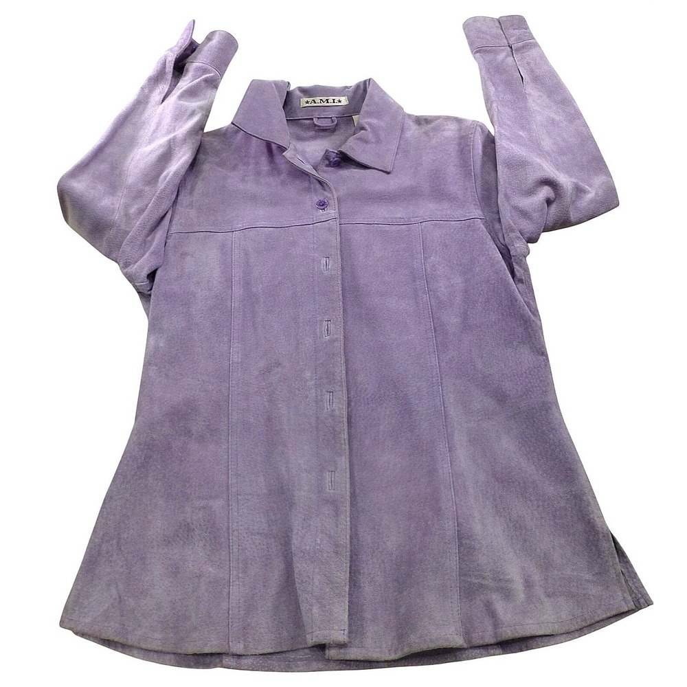 A.M.I. Womens Purple Suede Leather Button Up Shirt Long Sleeve Jacket Style 244S